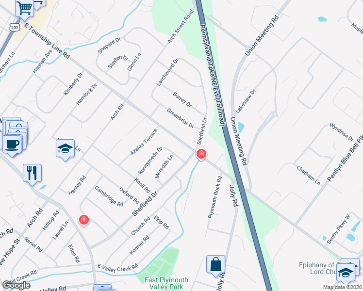 map of restaurants, bars, coffee shops, grocery stores, and more near 906 Township Line Road in Plymouth Meeting