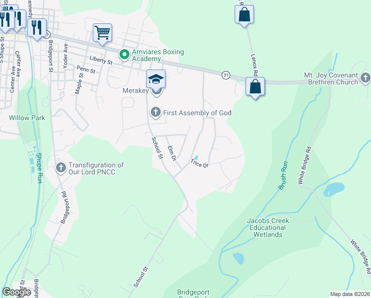 map of restaurants, bars, coffee shops, grocery stores, and more near 312 East Mulberry Drive in Mount Pleasant