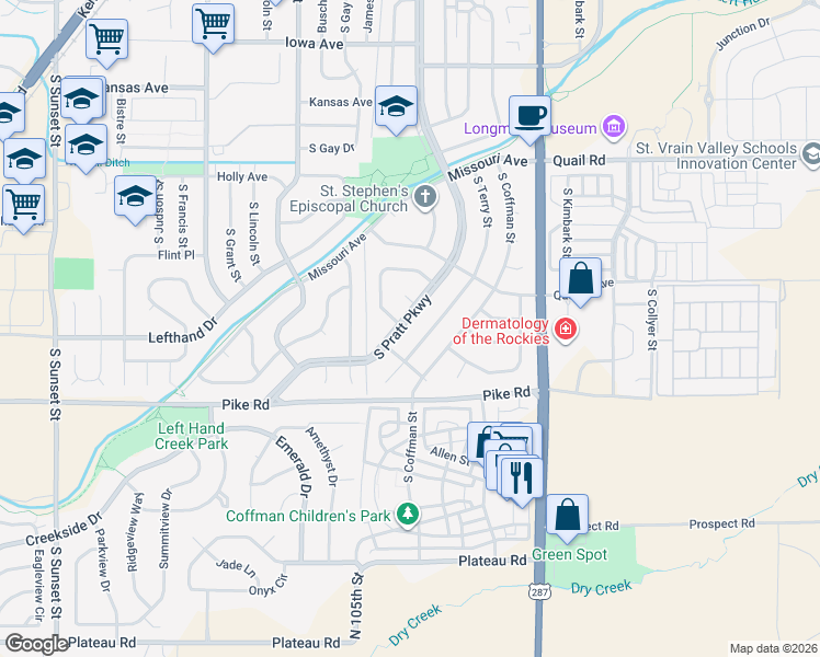 map of restaurants, bars, coffee shops, grocery stores, and more near 1524 South Pratt Parkway in Longmont