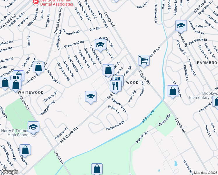 map of restaurants, bars, coffee shops, grocery stores, and more near 16 Elizabeth Lane in Levittown