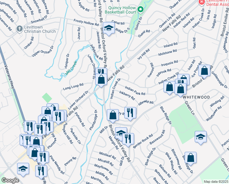 map of restaurants, bars, coffee shops, grocery stores, and more near 56 Indian Creek Drive in Levittown