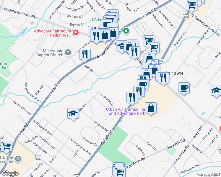 map of restaurants, bars, coffee shops, grocery stores, and more near 2617 Dekalb Pike in East Norriton