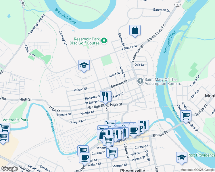 map of restaurants, bars, coffee shops, grocery stores, and more near 335 Emmett Street in Phoenixville