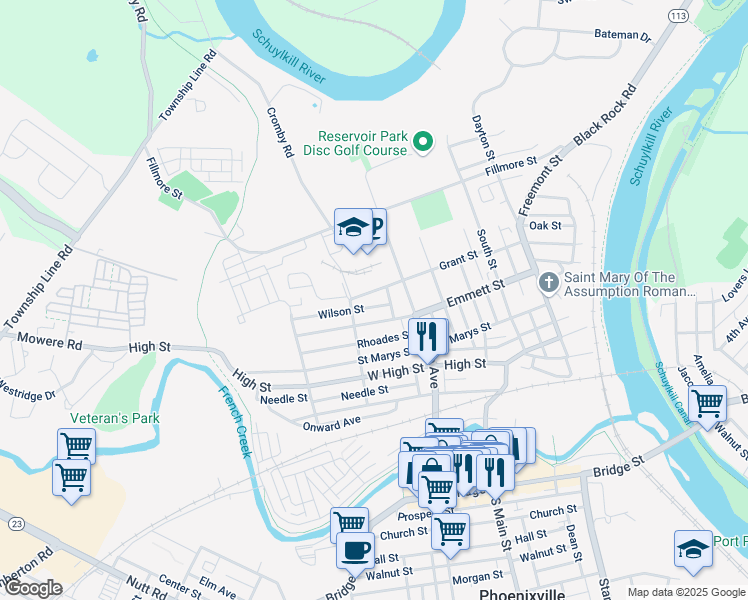 map of restaurants, bars, coffee shops, grocery stores, and more near in Phoenixville