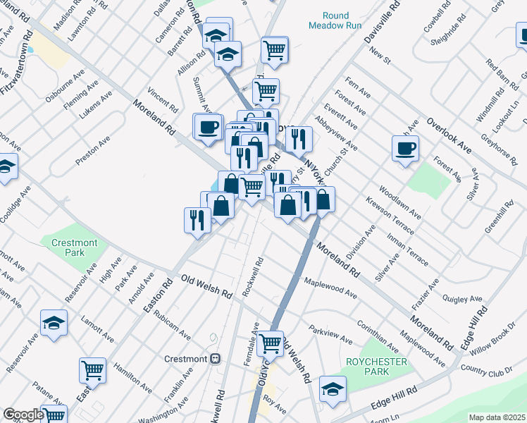 map of restaurants, bars, coffee shops, grocery stores, and more near 2232 East Moreland Road in Abington
