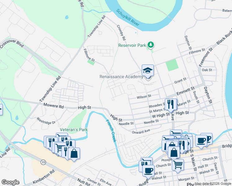 map of restaurants, bars, coffee shops, grocery stores, and more near 518 Groat Alley in Phoenixville