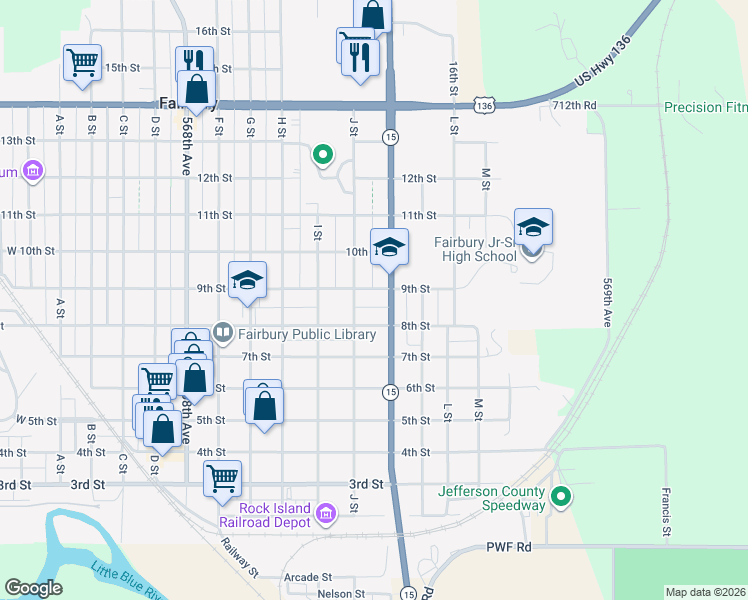 map of restaurants, bars, coffee shops, grocery stores, and more near 1020 9th Street in Fairbury
