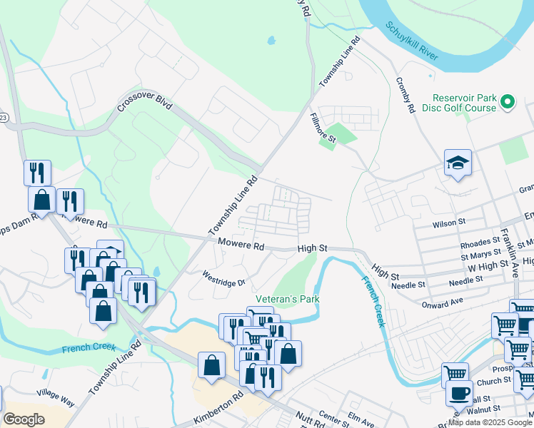 map of restaurants, bars, coffee shops, grocery stores, and more near 2404 Northridge Court in Phoenixville