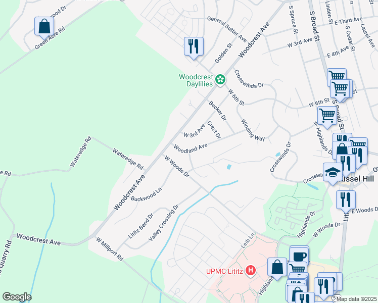 map of restaurants, bars, coffee shops, grocery stores, and more near 11 Woodland Avenue in Lititz