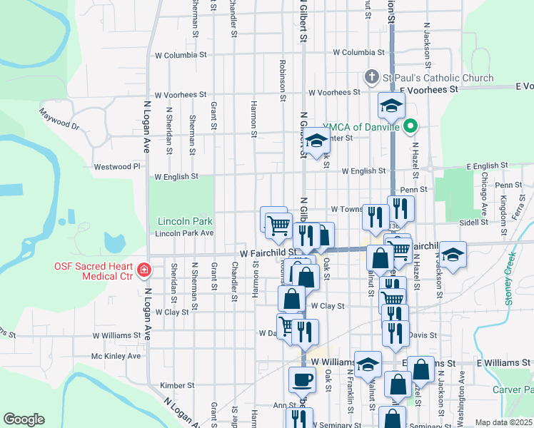 map of restaurants, bars, coffee shops, grocery stores, and more near 510 West Townsend Street in Danville
