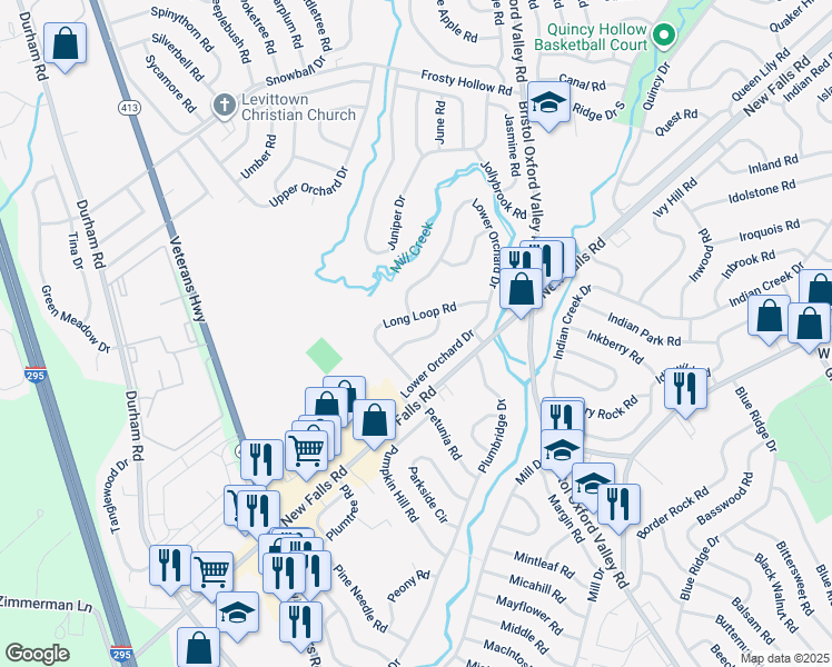 map of restaurants, bars, coffee shops, grocery stores, and more near 15 Limewood Road in Levittown