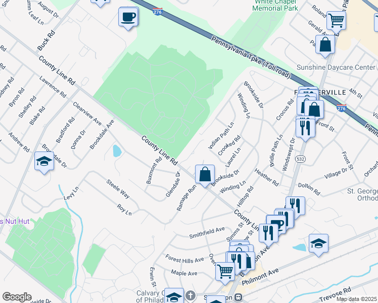 map of restaurants, bars, coffee shops, grocery stores, and more near 14 Lawson Drive in Feasterville-Trevose