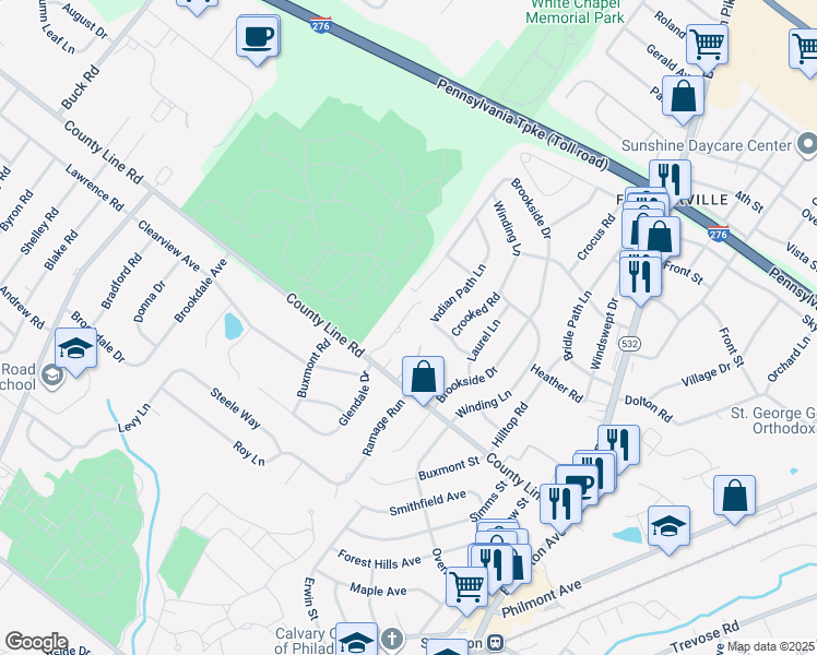 map of restaurants, bars, coffee shops, grocery stores, and more near 21 Lawson Drive in Bucks County
