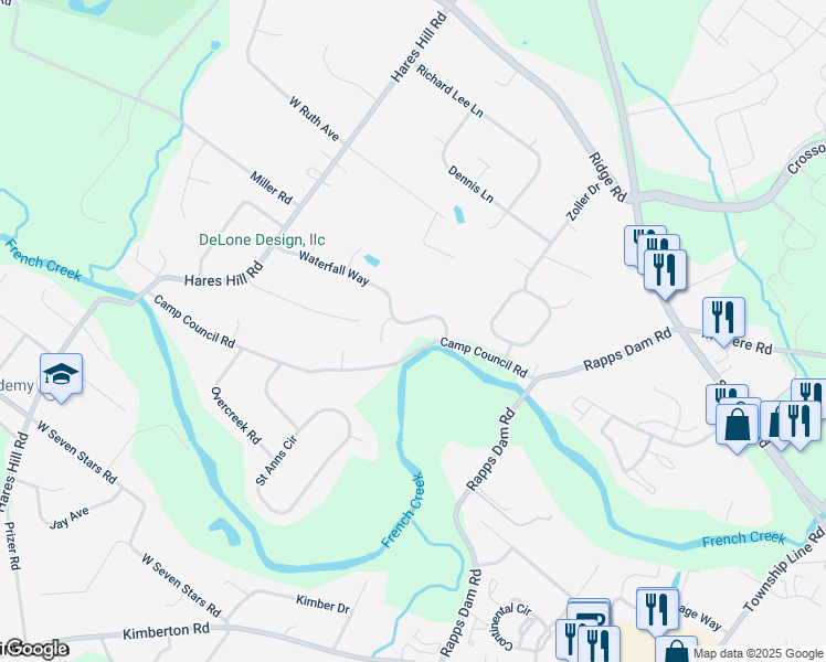 map of restaurants, bars, coffee shops, grocery stores, and more near 605 Waterfall Way in Phoenixville