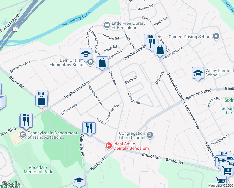 map of restaurants, bars, coffee shops, grocery stores, and more near 3448 Third Avenue in Bensalem