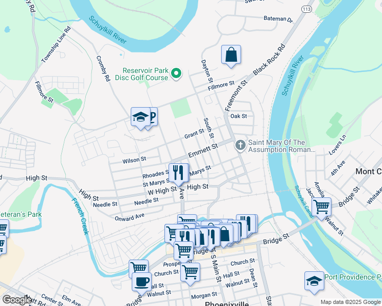 map of restaurants, bars, coffee shops, grocery stores, and more near 319 Emmett Street in Phoenixville