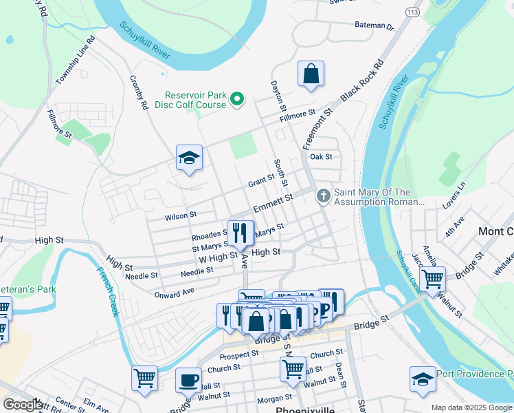 map of restaurants, bars, coffee shops, grocery stores, and more near 319 Emmett Street in Phoenixville