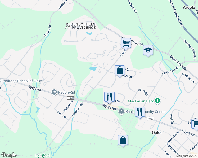 map of restaurants, bars, coffee shops, grocery stores, and more near 1347 Longford Road in Collegeville