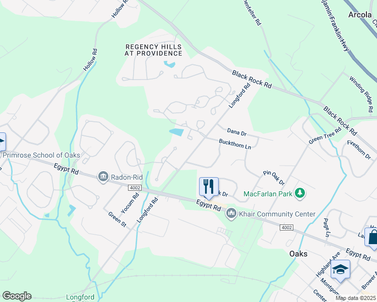 map of restaurants, bars, coffee shops, grocery stores, and more near 1347 Longford Road in Collegeville