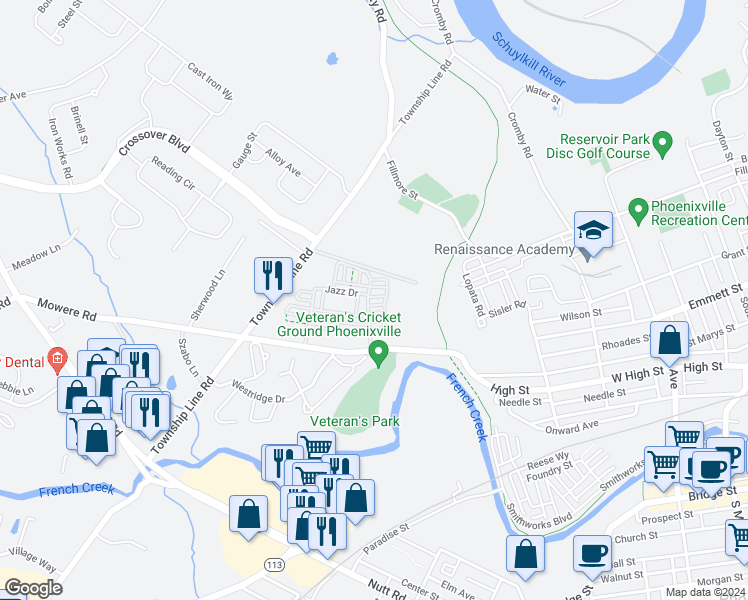 map of restaurants, bars, coffee shops, grocery stores, and more near 1302 Hendrix Lane in Phoenixville