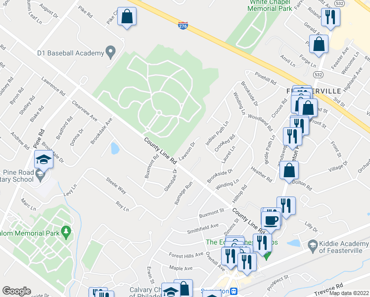 map of restaurants, bars, coffee shops, grocery stores, and more near 14 Lawson Drive in Huntingdon Valley