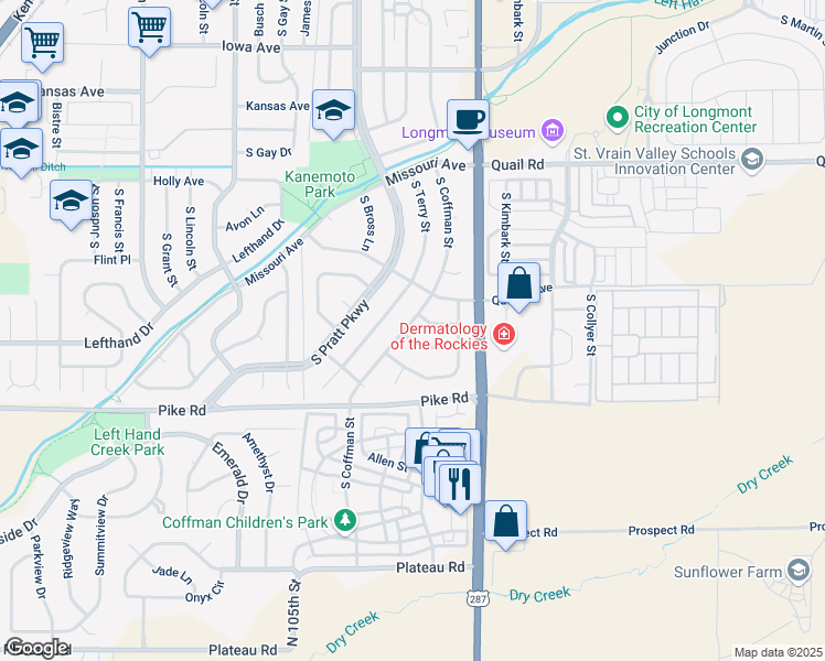 map of restaurants, bars, coffee shops, grocery stores, and more near 14 Texas Lane in Longmont