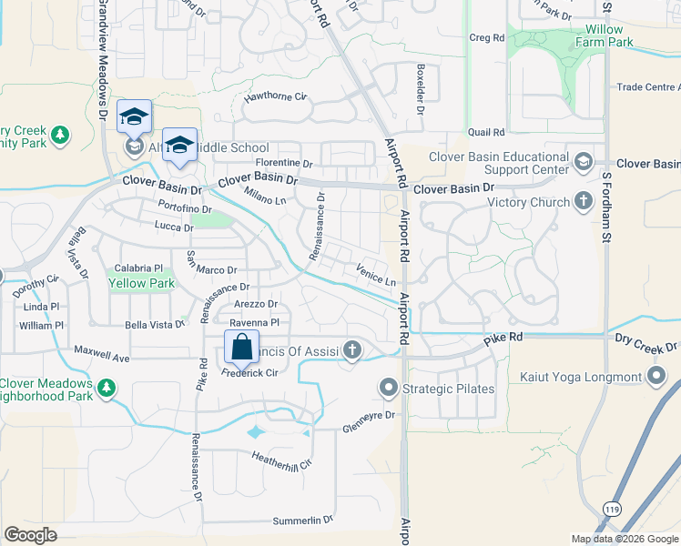 map of restaurants, bars, coffee shops, grocery stores, and more near 1615 Venice Lane in Longmont