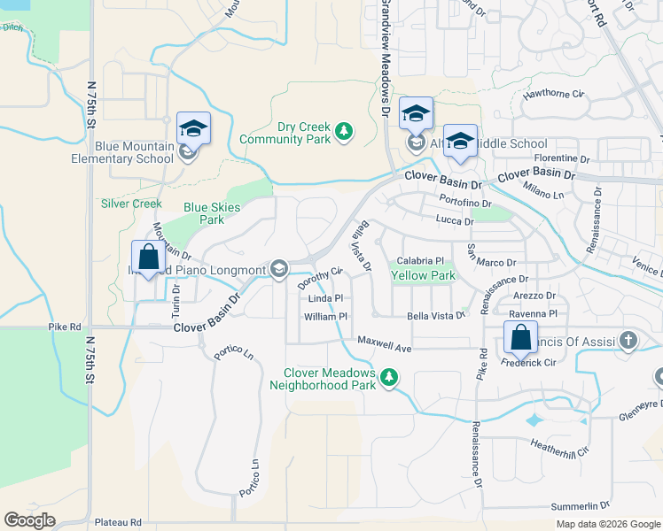 map of restaurants, bars, coffee shops, grocery stores, and more near 1695 Dorothy Circle in Longmont