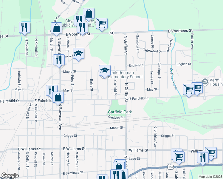 map of restaurants, bars, coffee shops, grocery stores, and more near 1100 May Street in Danville