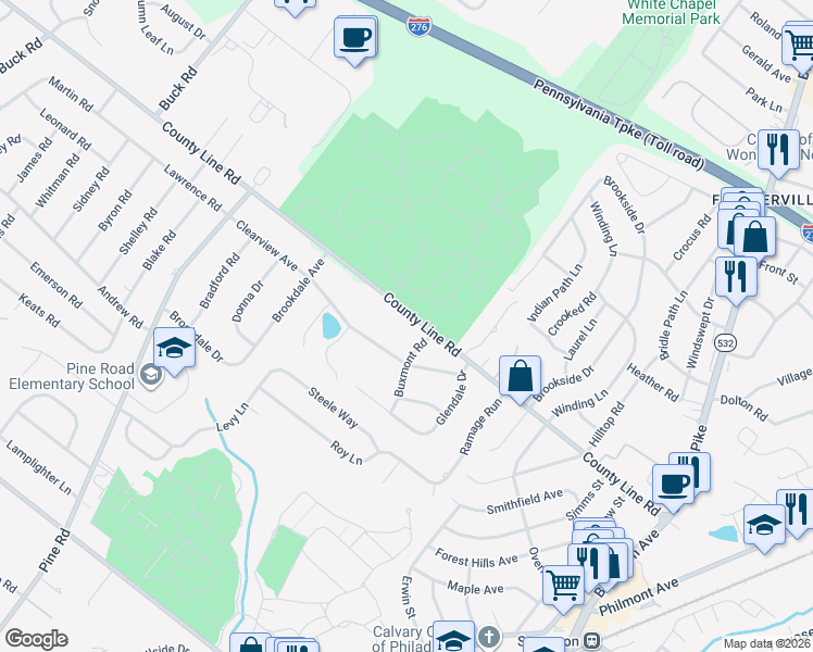 map of restaurants, bars, coffee shops, grocery stores, and more near 118 County Line Road in Montgomery County