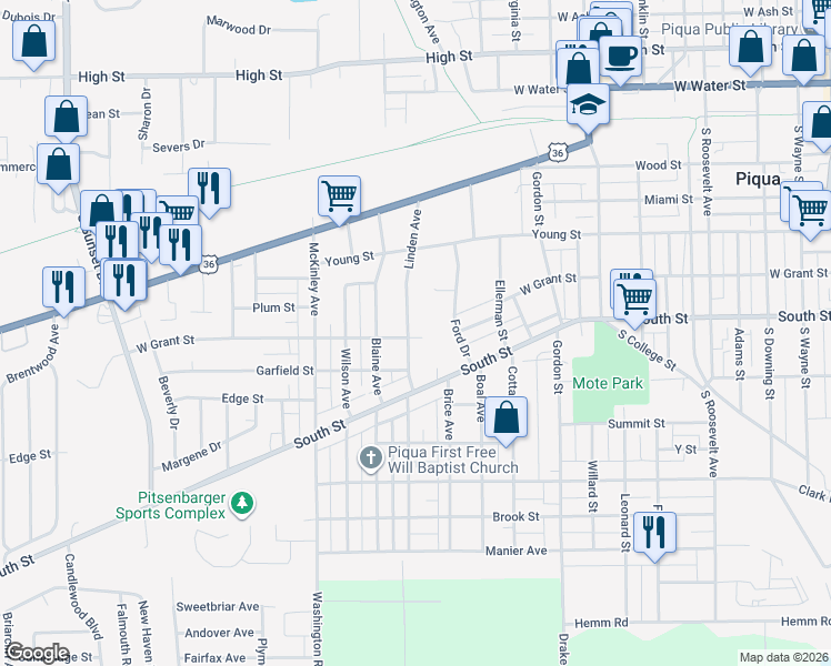 map of restaurants, bars, coffee shops, grocery stores, and more near 1033 West Grant Street in Piqua