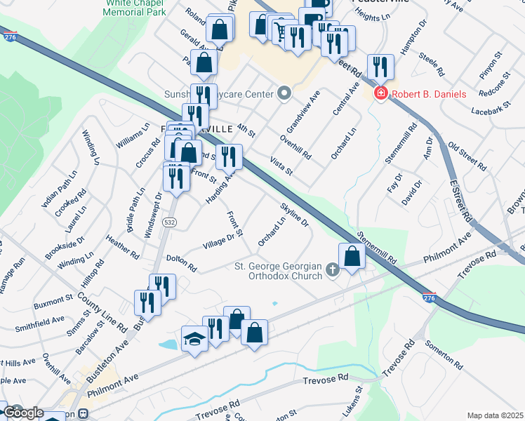 map of restaurants, bars, coffee shops, grocery stores, and more near 115 Village Drive in Feasterville-Trevose