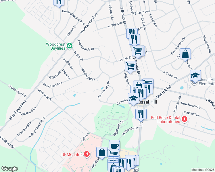 map of restaurants, bars, coffee shops, grocery stores, and more near 434 Crosswinds Drive in Lititz