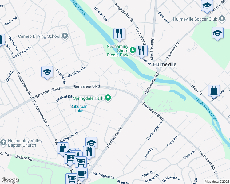 map of restaurants, bars, coffee shops, grocery stores, and more near 3057 Meredith Place in Bensalem