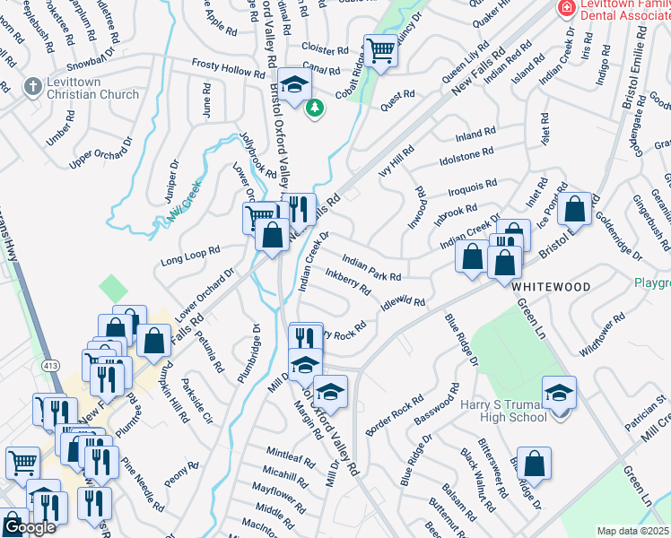 map of restaurants, bars, coffee shops, grocery stores, and more near 15 Inkberry Road in Levittown