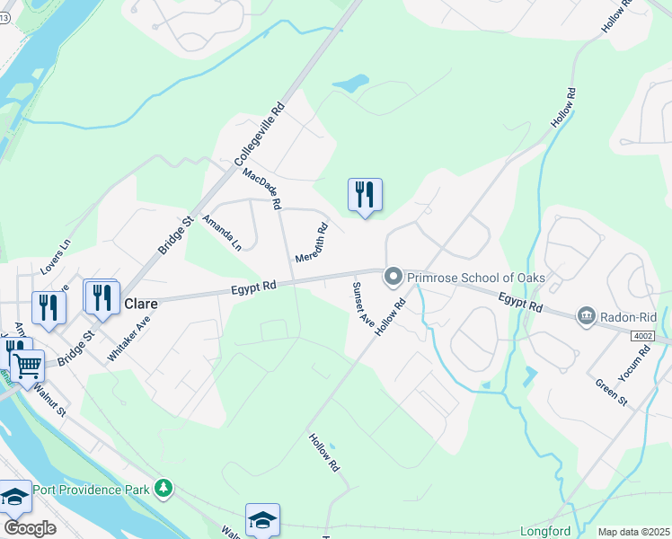 map of restaurants, bars, coffee shops, grocery stores, and more near 526 Egypt Road in Phoenixville
