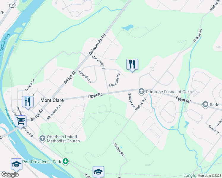 map of restaurants, bars, coffee shops, grocery stores, and more near 24 Meredith Road in Phoenixville