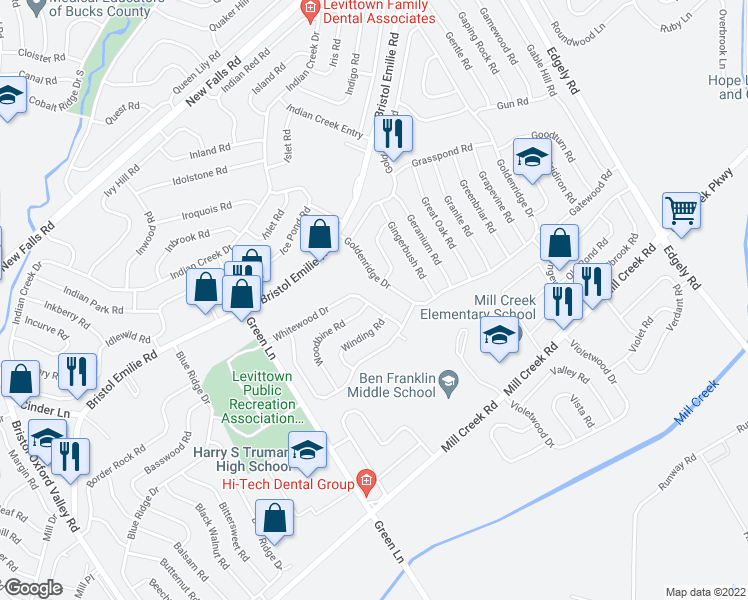 map of restaurants, bars, coffee shops, grocery stores, and more near 64 Whitewood Drive in Levittown
