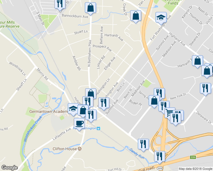 map of restaurants, bars, coffee shops, grocery stores, and more near 207 Washington Lane in Fort Washington