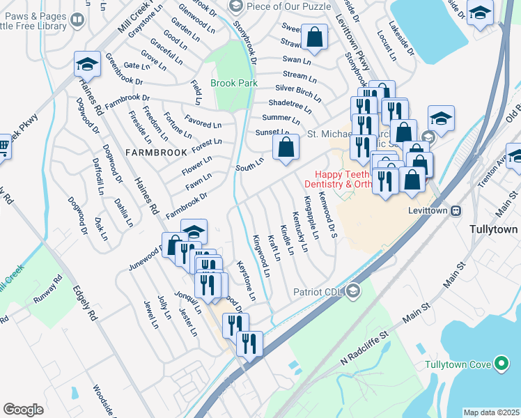 map of restaurants, bars, coffee shops, grocery stores, and more near 83 Kraft Lane in Levittown