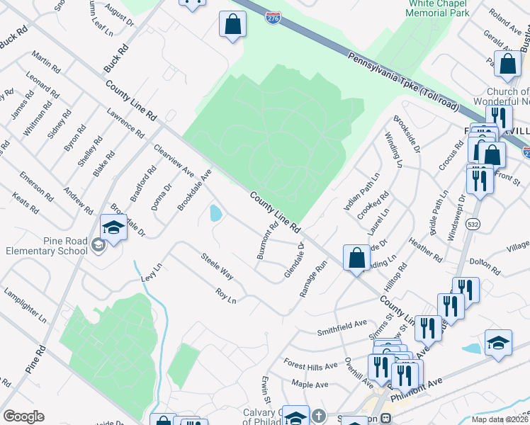 map of restaurants, bars, coffee shops, grocery stores, and more near 118 County Line Road in Montgomery County