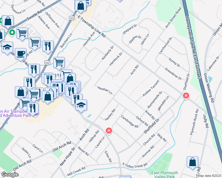 map of restaurants, bars, coffee shops, grocery stores, and more near 78 Heather Lane in Norristown