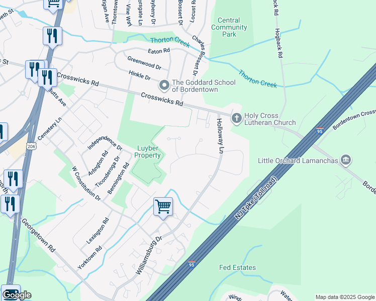 map of restaurants, bars, coffee shops, grocery stores, and more near 34 Valley Forge Road in Bordentown