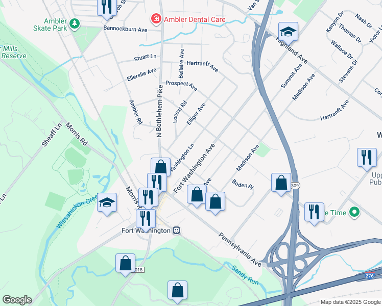 map of restaurants, bars, coffee shops, grocery stores, and more near 207 Washington Lane in Fort Washington