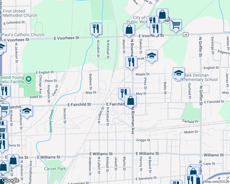 map of restaurants, bars, coffee shops, grocery stores, and more near 812 May Street in Danville
