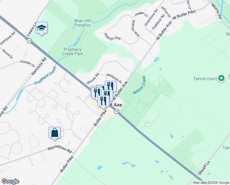 map of restaurants, bars, coffee shops, grocery stores, and more near 845 West Butler Avenue in Ambler