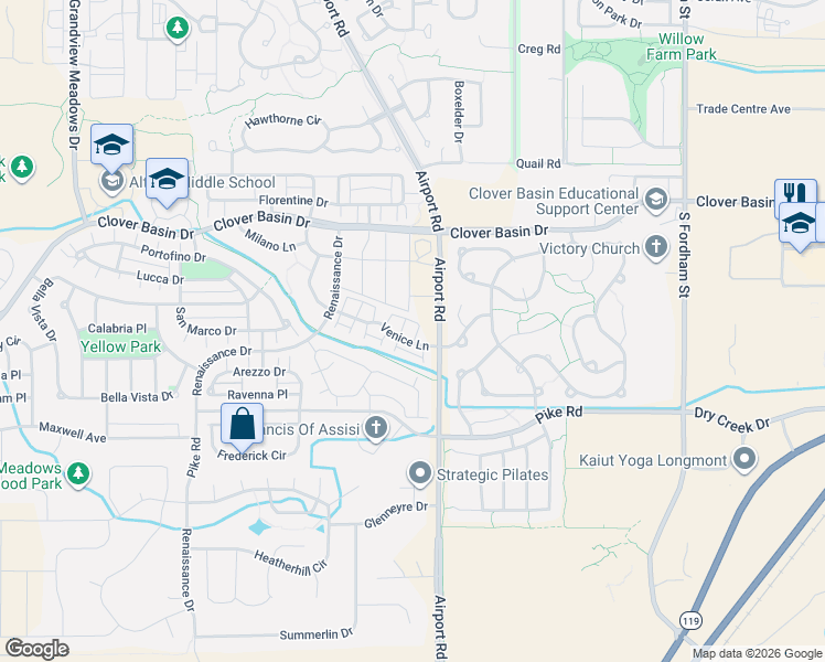 map of restaurants, bars, coffee shops, grocery stores, and more near 1687 Venice Lane in Longmont