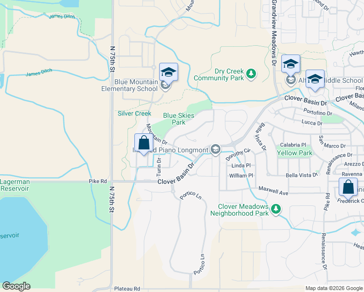 map of restaurants, bars, coffee shops, grocery stores, and more near 1611 Mountain Drive in Longmont