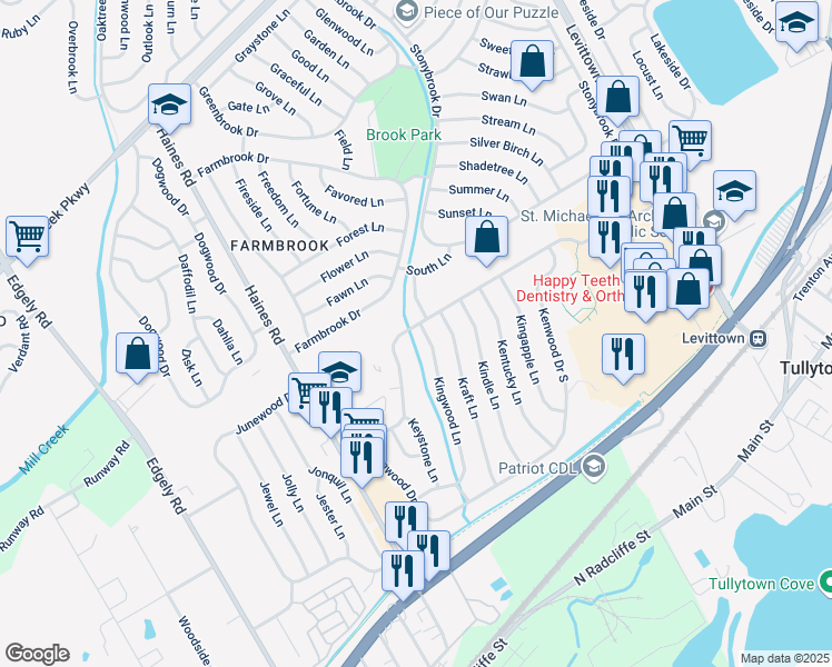 map of restaurants, bars, coffee shops, grocery stores, and more near 76 Kenwood Drive South in Levittown