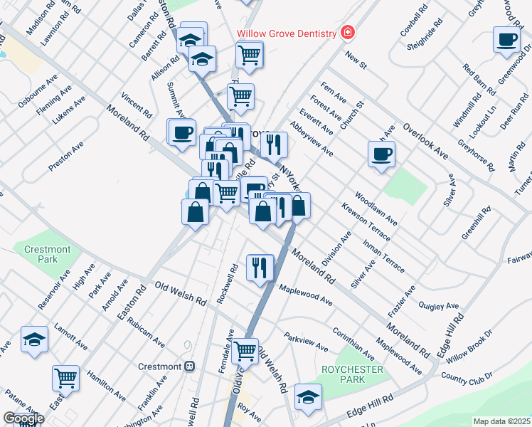 map of restaurants, bars, coffee shops, grocery stores, and more near 10 Church Street in Willow Grove